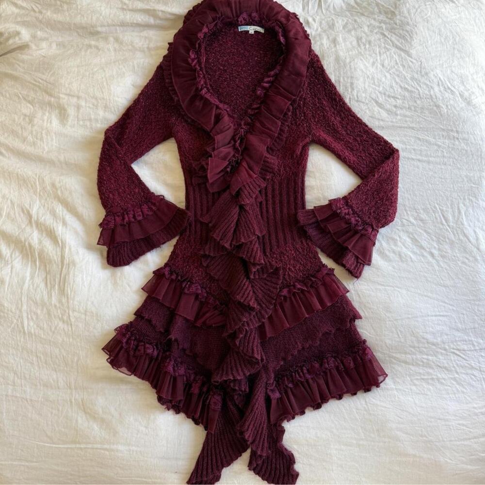 Beautiful vintage whimsigoth burgundy ruffle knit duster / cardigan